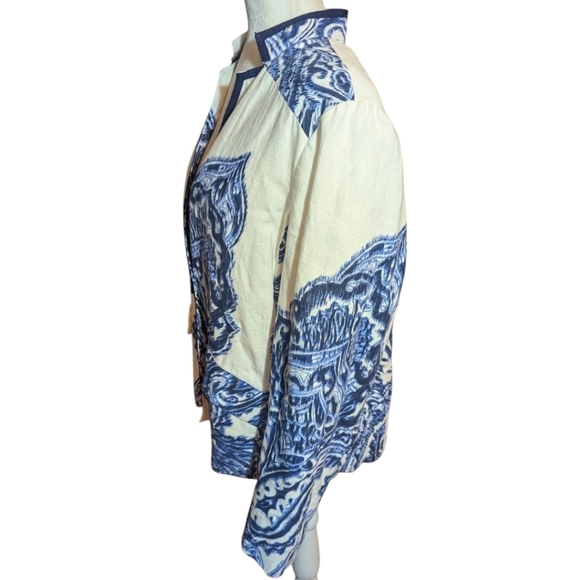 Linen Willow Print Brushed Paisley Mandarin Inverted Collar Blazer Chico's 2 Lrg - Picture 2 of 11